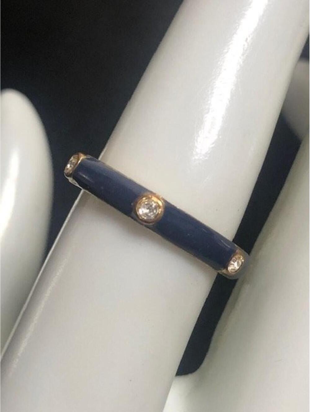 B0388 J.Crew Blue Enamel Ring Size 7 Gold Tone with Rhinestones